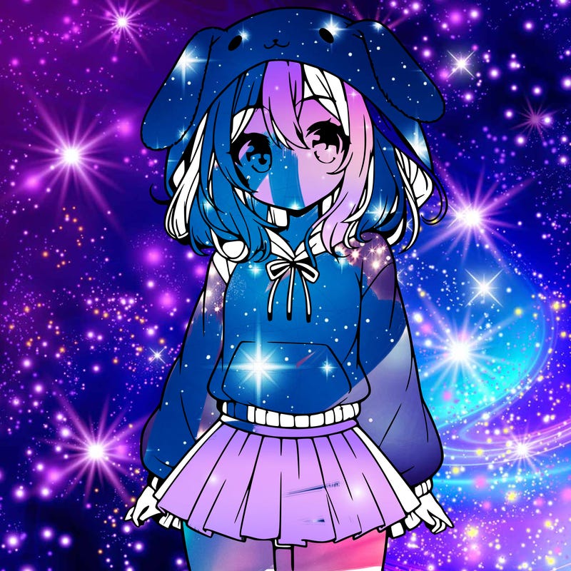 pretty anime girl wearing a fluffy hoodie with bunny ears on the hood and a skirt