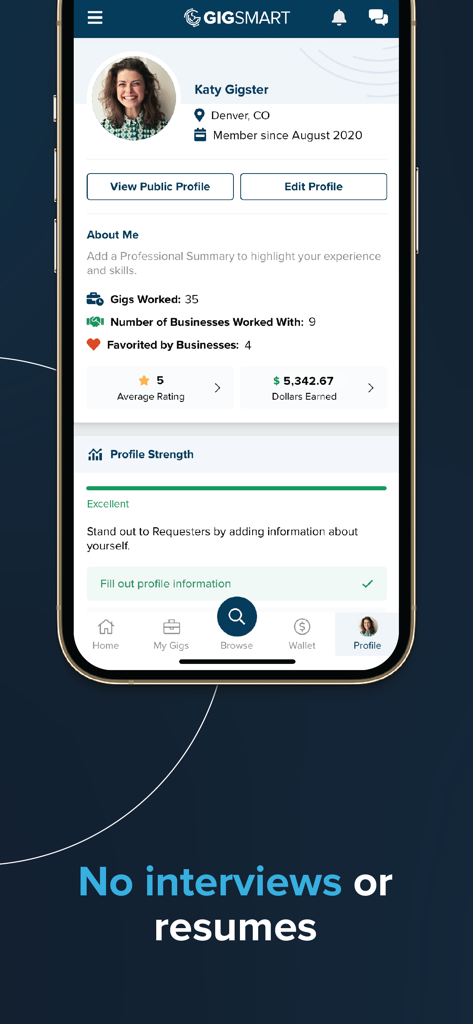 GigSmart app worker profile showing professional ratings and total earnings
