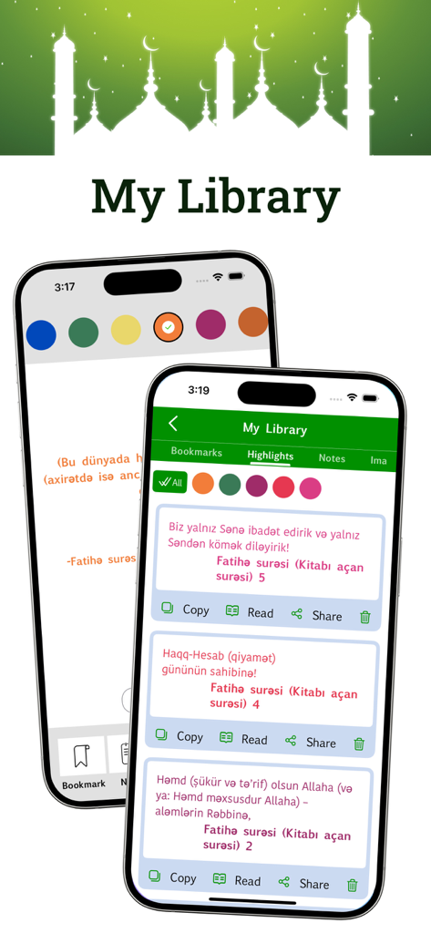 Azerbaijani Quran - Two iPhone screens displaying the My Library section of the Azerbaijani Quran app with highlighted verses and color-coded tags.