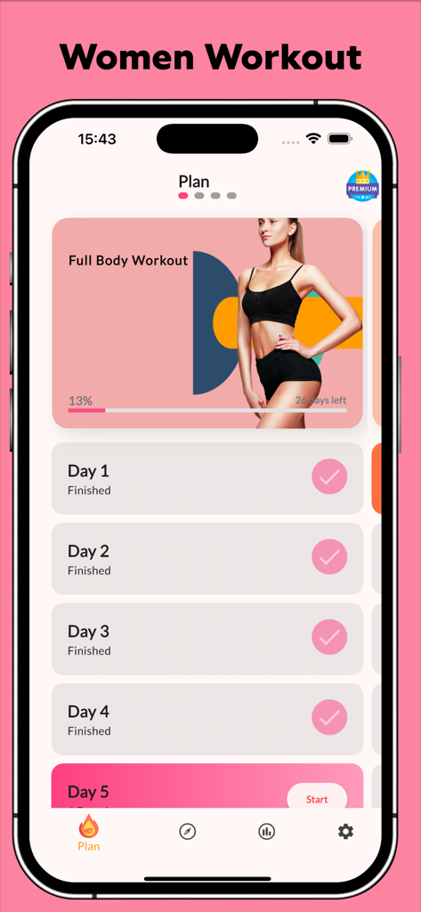 Lose Weight At Home For Women - Interfaz de una aplicación de fitness para mujeres que muestra un plan de entrenamiento diario para todo el cuerpo y un rastreador de progreso