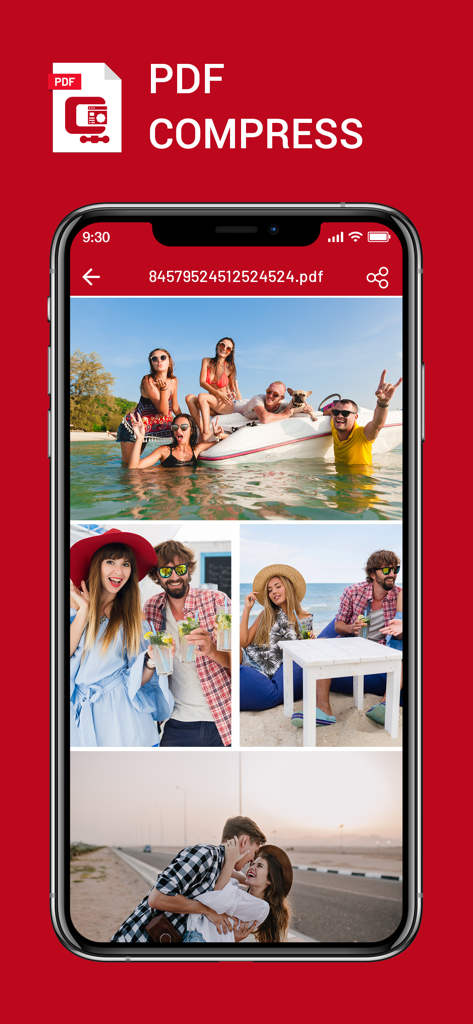 PDF圧縮アプリ内で、いくつかの写真を含むPDFファイルを表示しているiPhone。