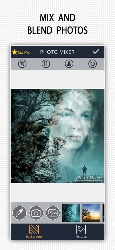 A mobile app interface displaying a double exposure effect that blends a portrait with a forest landscape