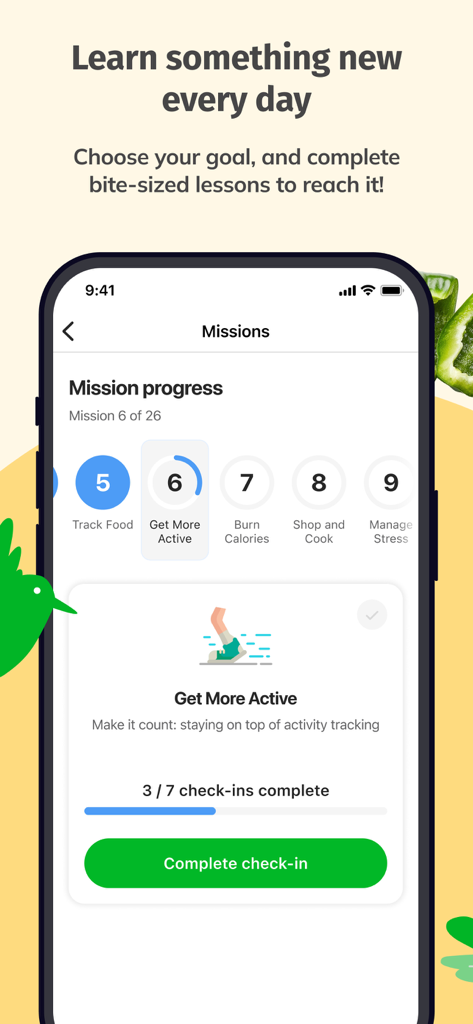 Lark Health - Lark Health app interface showing a mission progress tracker for getting more active with a daily check in button