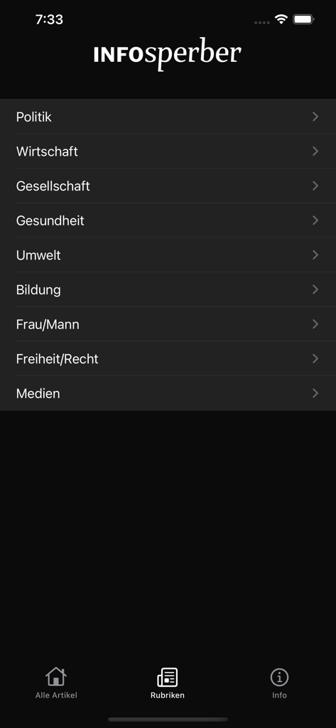 Infosperber - Infosperber news app interface displaying a list of article categories such as politics economy and environment
