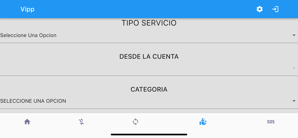 Vipp App - Pantalla de Vipp App para seleccionar el tipo de cuenta de servicio y la categoría