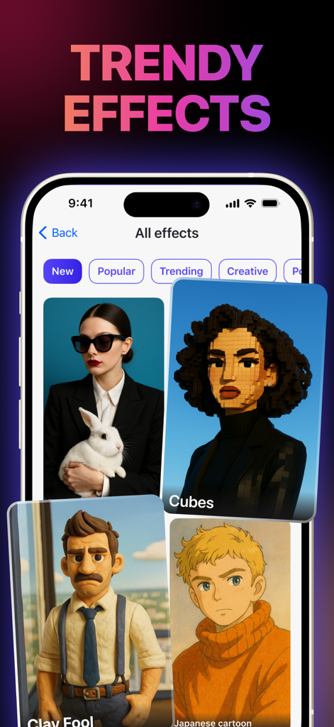 Una interfaz de aplicación móvil que muestra varios filtros de IA, incluidos estilos de voxel de arcilla y anime para la edición de vídeo.