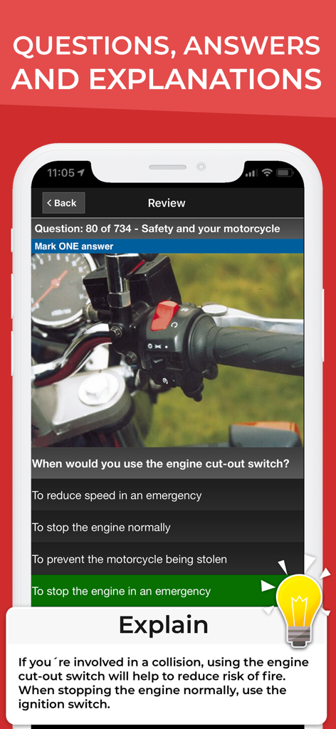 Motorcycle Theory Test UK - Motorcycle Theory Test UK app showing a practice question with answer and explanation.