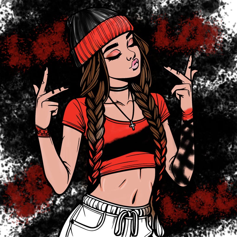 realistic teenage girl with braids and a beanie and crop top doing 🫶🏼