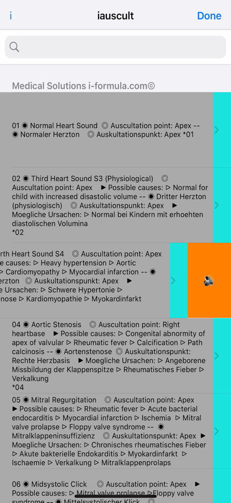 iauscultアプリの画面。S3、S4、大動脈弁狭窄症などの心音のバイリンガルリスト。医学的な説明と原因が含まれています。