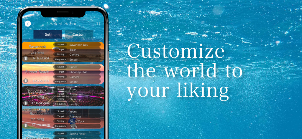 Touch & Sleep - Interfaz de la aplicación Touch and Sleep que muestra una lista de escenas de sueño personalizables como Playa del atardecer y Tarde en la sabana.