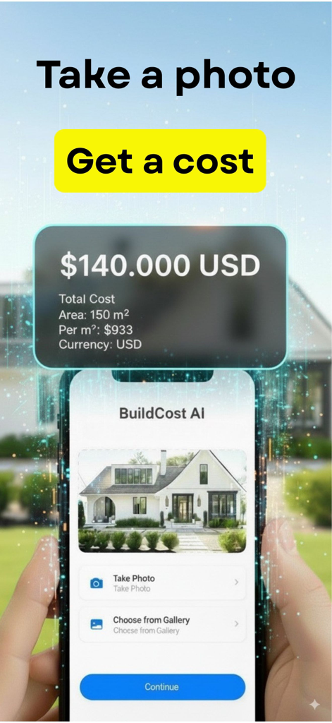 Construction Calculator AI - Mobile app interface showing a construction cost estimate of 140000 dollars generated from a house photo