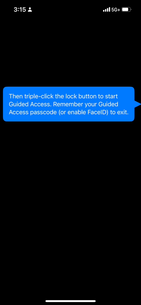 In-app instructions explaining how to enable Guided Access by triple-clicking the lock button for child safety