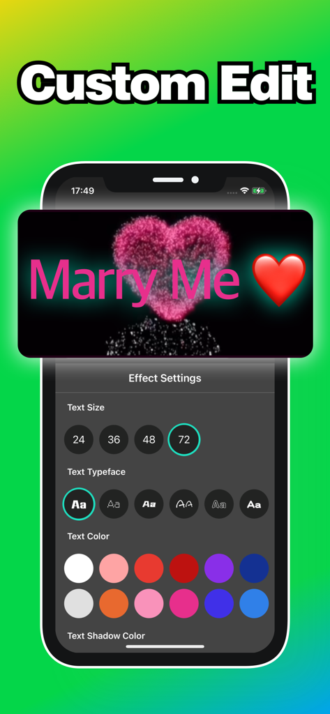 Interfaccia di un'app mobile che mostra le opzioni di personalizzazione per un banner LED digitale con il messaggio Marry Me.