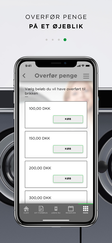 e-vaskeri - 洗濯クレジットをチャージするオプションを表示するe-vaskeriアプリの決済インターフェース