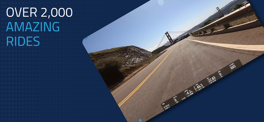 FulGaz Indoor Cycling App - A real-world cycling route near a bridge in the FulGaz app featuring a performance dashboard with speed and distance metrics.