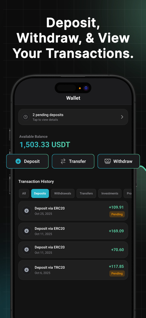Polar Tensor mobile app wallet interface showing available USDT balance and transaction history with pending deposits