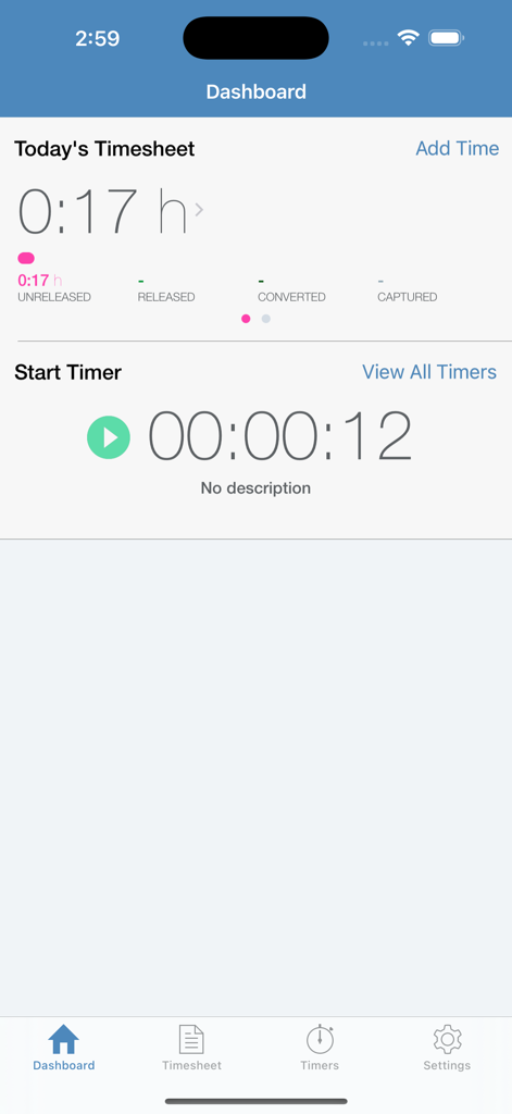 Intapp Time app dashboard displaying today's billable hours and a running timer for professional services