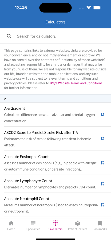 BMJ Best Practice - Screenshot of the medical calculators list in the BMJ Best Practice app showing tools like ABCD2 score and absolute neutrophil count.