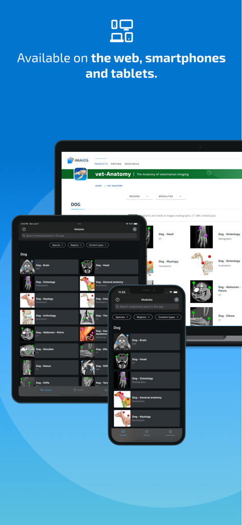 IMAIOS vet-Anatomy - IMAIOS vet-Anatomy app interface displayed on a laptop, tablet, and smartphone showing various veterinary anatomy modules.