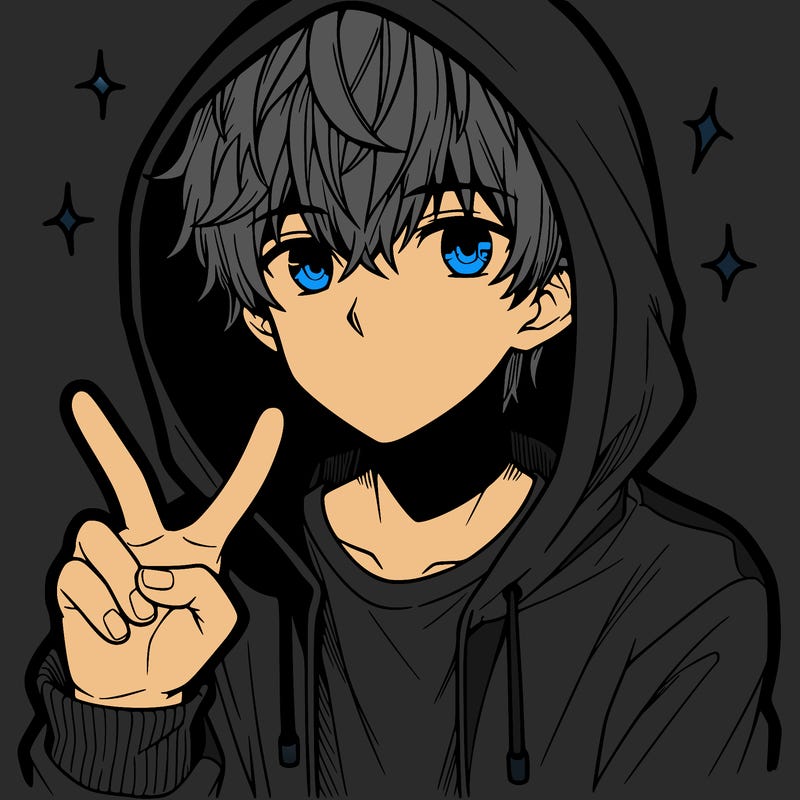 teenage manga boy in a hoodie, doing ✌