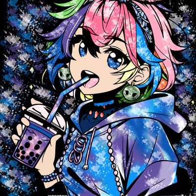 hot baddie anime girl drinking boba and biting the straw
