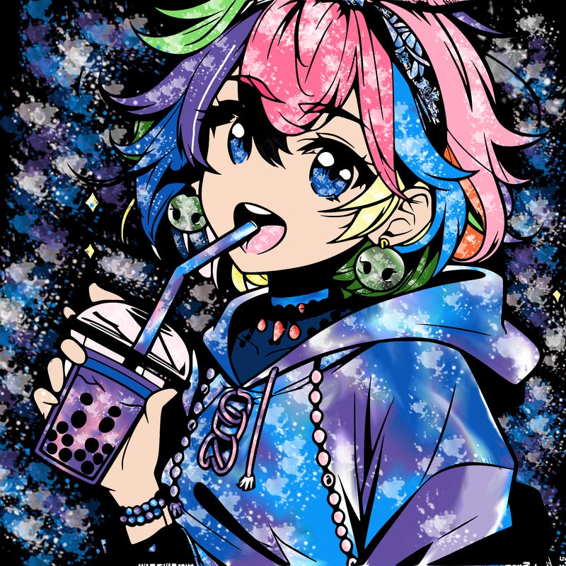 hot baddie anime girl drinking boba and biting the straw