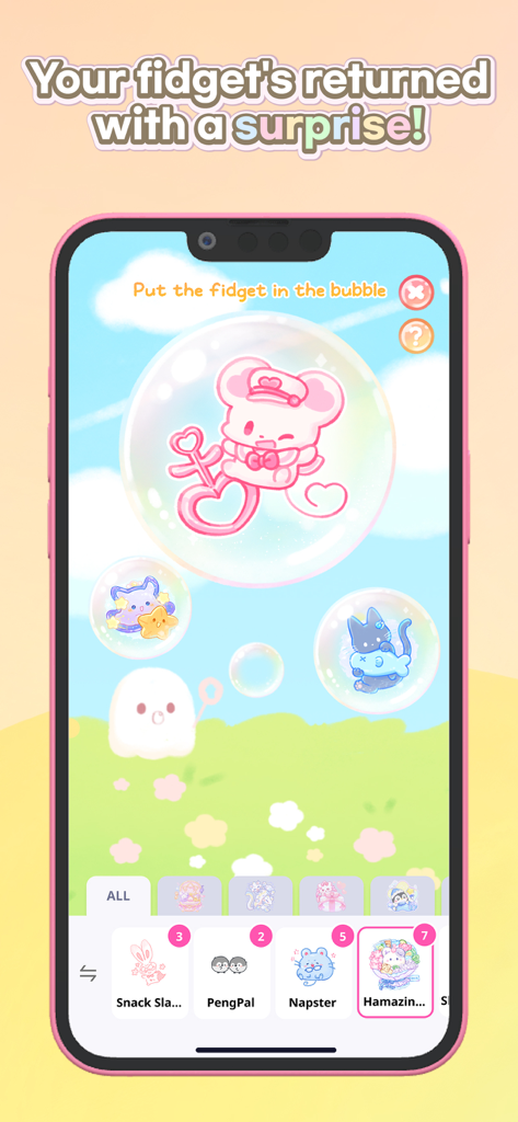 Fidget Town - Fidget trading - A cute pink mouse character inside a bubble in the Fidget Town collection game screen.