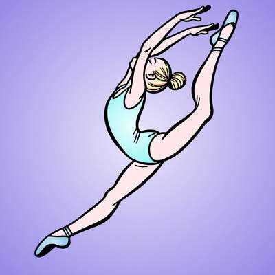gymnast doing a leap in a leotard with a bent back leg