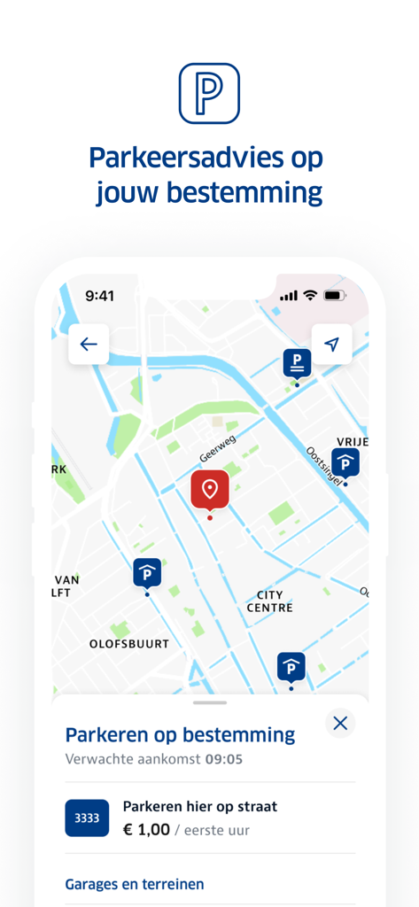ANWB Onderweg app interface showing parking locations and street parking rates on a city map