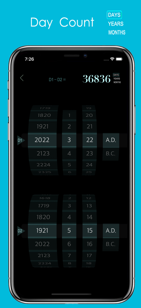 A mobile interface of the Calendar app showing the Day Count tool calculating the duration between two specific historical dates.