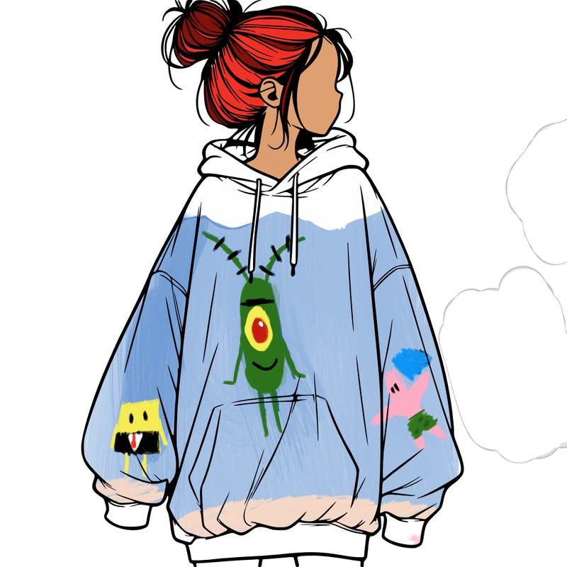 realistic girl with a oversized sweatshirt on and a bun