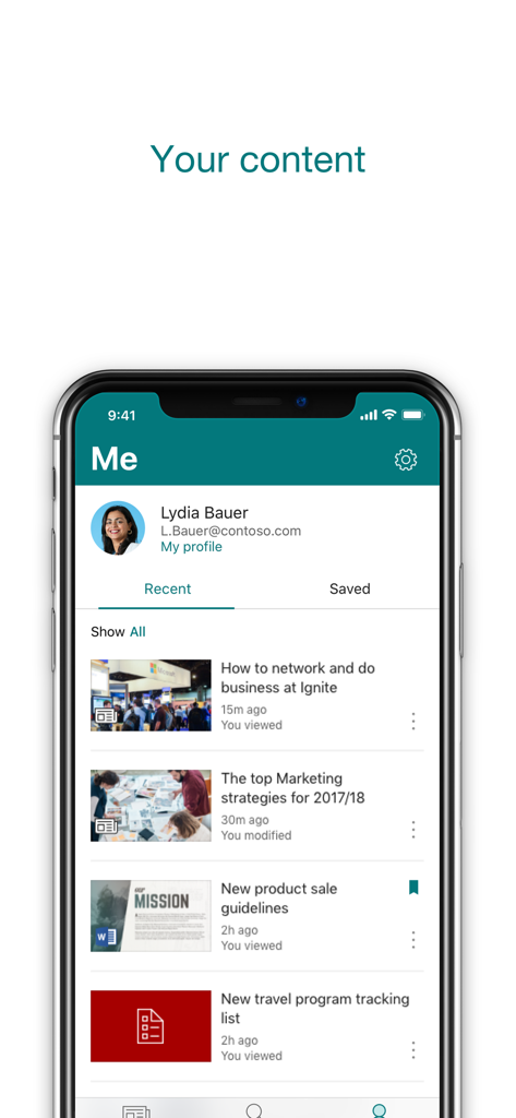 Tela de perfil de usuário personalizado no aplicativo móvel Microsoft SharePoint mostrando uma lista de arquivos recentes e notícias da empresa