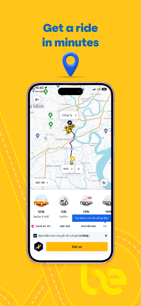be - Multi-Service Platform - Interfaccia dell'app be per la prenotazione di corse in auto e moto in Vietnam.
