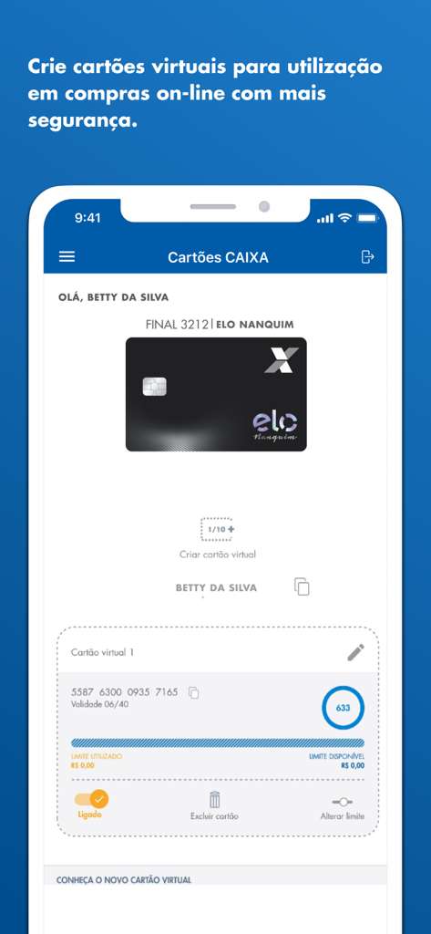 Cartões CAIXA - Schnittstelle der mobilen App Cartões CAIXA zur Erstellung einer virtuellen Kreditkarte für sichere Online-Einkäufe.