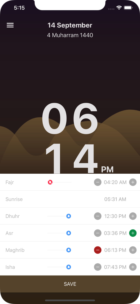 1Muslim: Prayer times, Azan - 1Muslim app dashboard showing Islamic prayer times and notification settings on a dark themed interface