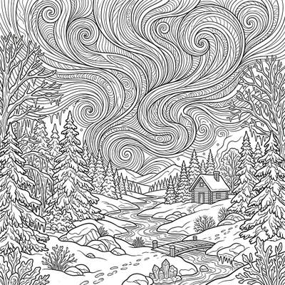 Immerse yourself in a breathtaking winter wonderland illuminated by the spectacular swirls of a geomagnetic storm. This intricate coloring page invites you to bring vibrant life to a serene snowy landscape, complete with a cozy cabin and majestic auroras.
