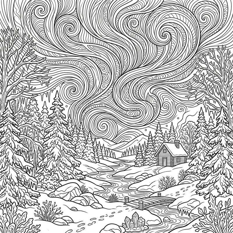 Immerse yourself in a breathtaking winter wonderland illuminated by the spectacular swirls of a geomagnetic storm. This intricate coloring page invites you to bring vibrant life to a serene snowy landscape, complete with a cozy cabin and majestic auroras.