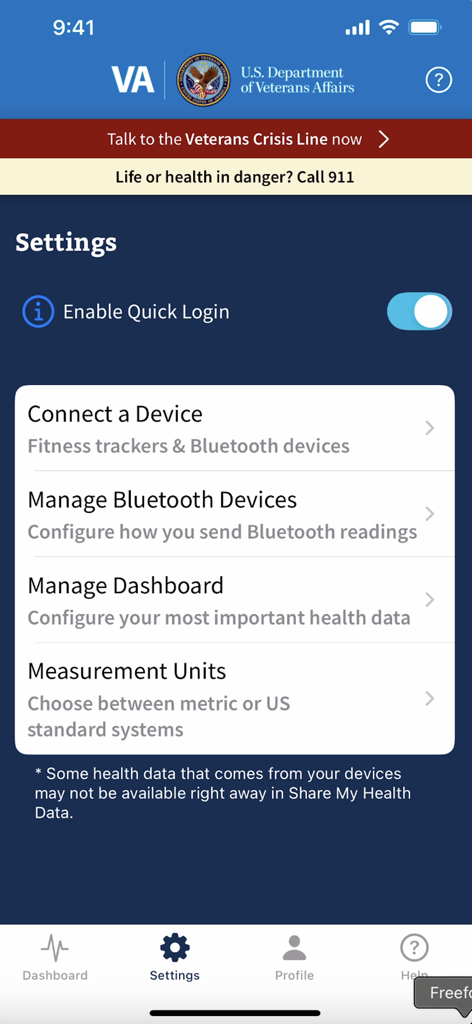 Share My Health Data - The settings menu of the VA Share My Health Data app showing options to connect fitness trackers and manage bluetooth devices.