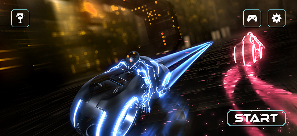 Menú principal de Neon Race Light Bike Race mostrando una motocicleta de neón azul en una ciudad cyberpunk futurista
