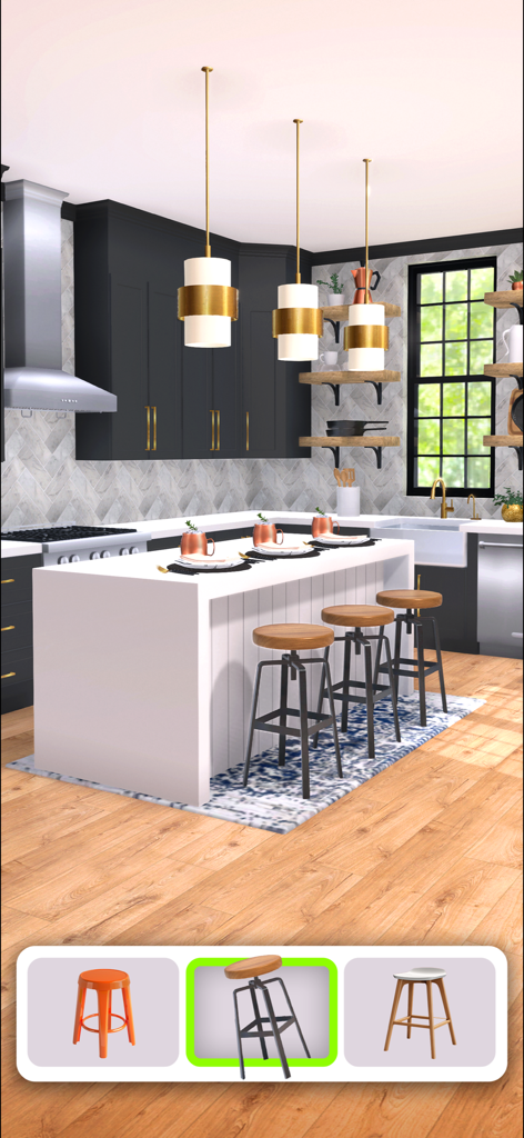 Home Design Makeover - Modern kitchen interior design showing furniture selection options for bar stools in the Home Design Makeover app.