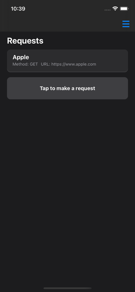 A list of saved HTTP requests within the HTTP Request Maker app showing a GET request for Apple