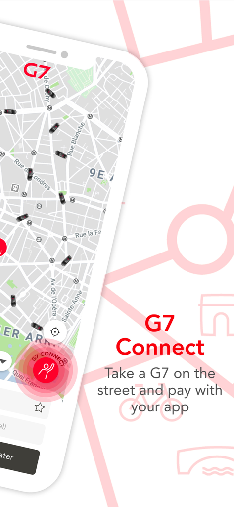 Mobile interface of G7 Taxi app showing G7 Connect feature for paying street-hailed taxis in Paris