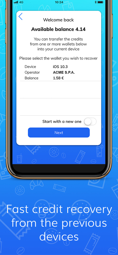 Pay4Vend mobile interface showing the option to recover credit from a previous smartphone device
