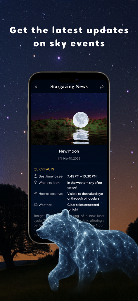 Tela do iPhone exibindo notícias de observação de estrelas sobre uma lua nova com fatos astronômicos e uma constelação brilhante de urso celestial