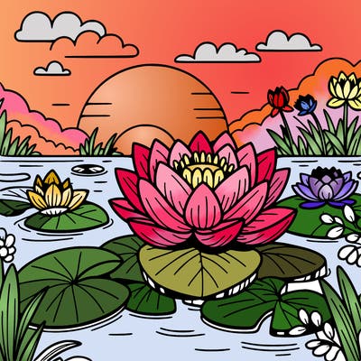 lotus flowers in the pond with lily pads and a sunset in the background