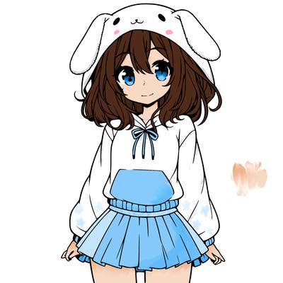 pretty anime girl wearing a fluffy hoodie with bunny ears on the hood and a skirt