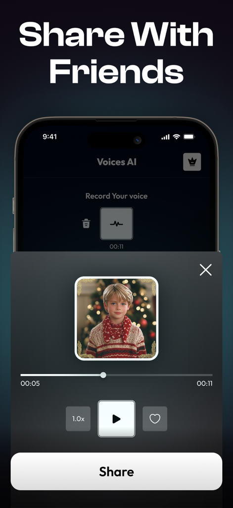 Interfaz móvil de Voice Changer Pro que muestra la pantalla para compartir con amigos de grabaciones de audio generadas por IA
