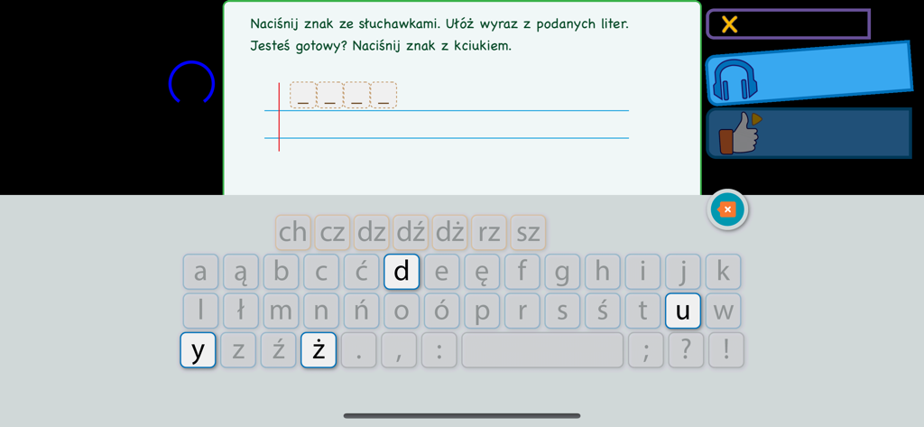 Polskie Ortogramy 2 - Interface of the Polskie Ortogramy 2 app showing a Polish spelling exercise with a custom virtual keyboard