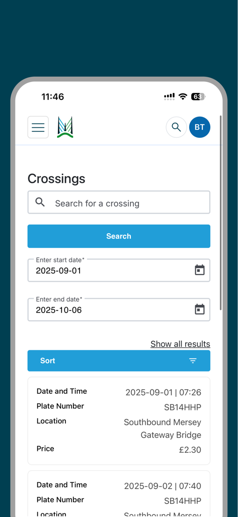 Merseyflow Quick Pay app interface showing a list of bridge crossings with vehicle plate number and location details