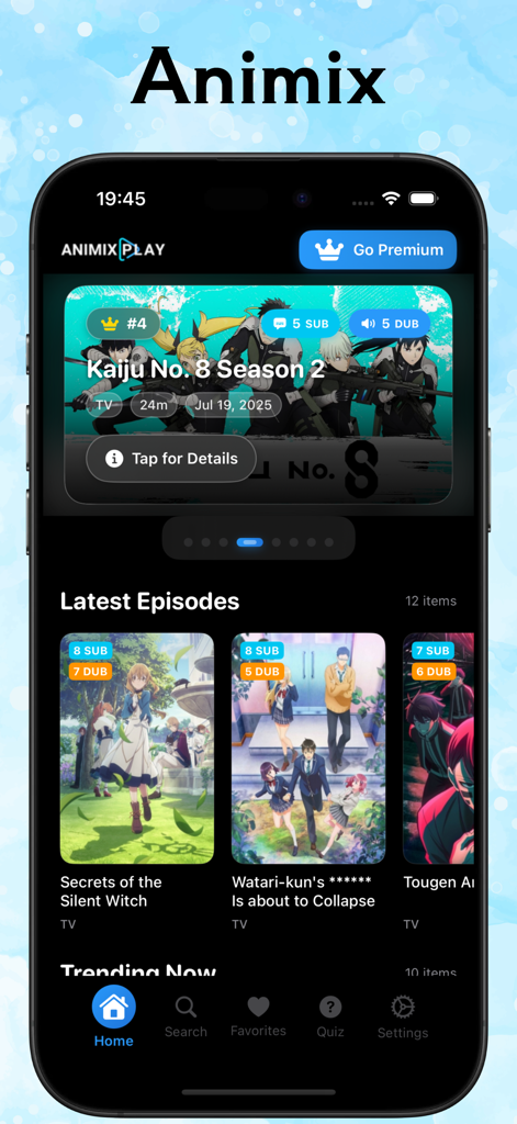 Animix: Explore Animekai Anime - The home screen of the Animix app showing latest anime episodes and featured series like Kaiju No 8